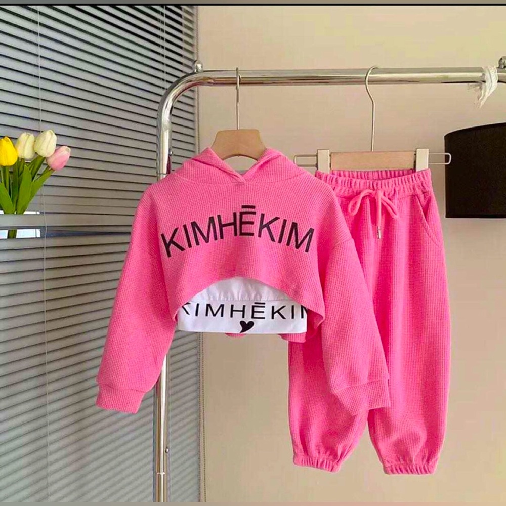Spring autumn baby girl casual tracksuit kids 3pcs vest+hoodie+sweatpants suit